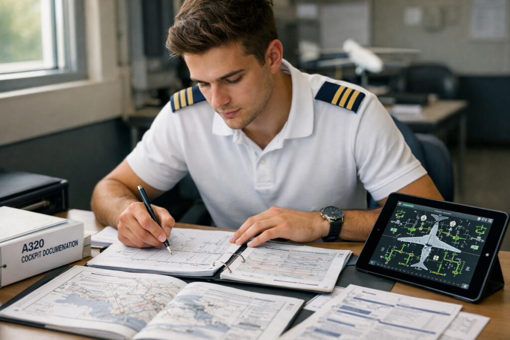 Pilot preparing APS-MCC documentation cockpit A320