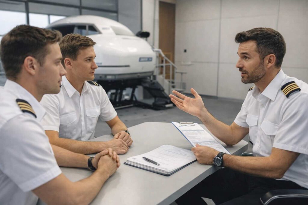 Débriefing APS-MCC en simulateur : deux pilotes en cockpit analysent leur session avec un instructeur évaluateur, dans une approche CBTA.