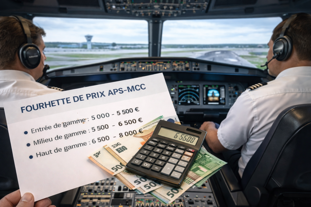 Illustration photoréaliste d’un simulateur A320 avec calcul de budget en euros, représentant les fourchettes de prix et le coût réel d’une formation APS-MCC en 2026.
